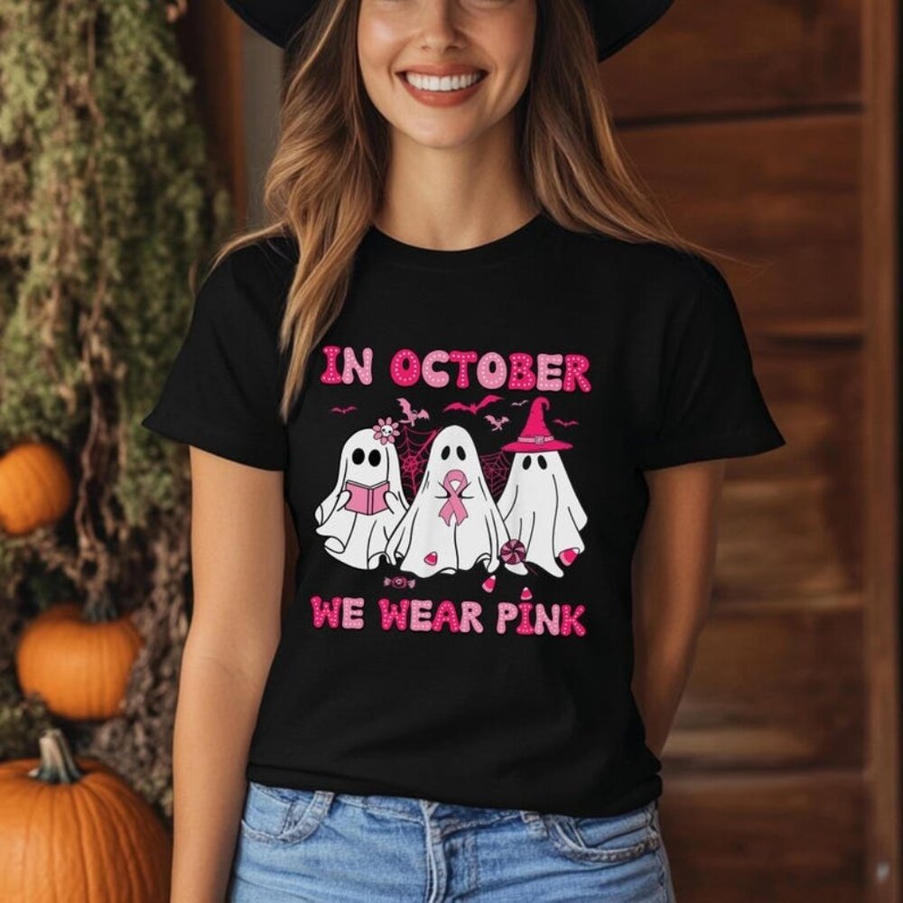 In October We Wear Pink Ghost Shirt, Halloween in October We Wear Pink Tee
